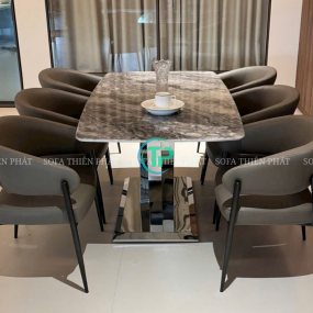 Bộ Bàn Ăn Inox Chân L.V 6 Ghế Bọc Da Chống Xước, Mặt Đá Tinh Thể TPBA019
