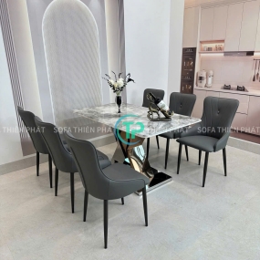 Bộ Bàn Ăn Mặt Đá Thạch Anh 6 Ghế Bọc Da Nhập Khẩu TPBA06