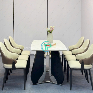 Bộ Bàn Ăn Chân Inox Mặt Đá Ceramic Kèm 6 Ghế Cao Cấp TPBA04